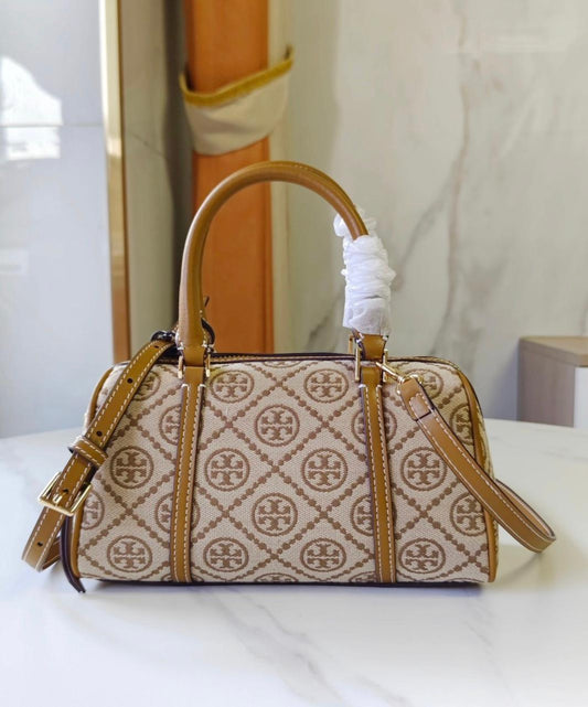 T-O-R-Y B-U-R-C-H T Monogram Petite Barrel Bag – Women Mini Crossbody Bag (Beige Brown)