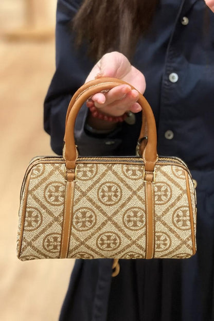 T-O-R-Y B-U-R-C-H T Monogram Petite Barrel Bag – Women Mini Crossbody Bag (Beige Brown)