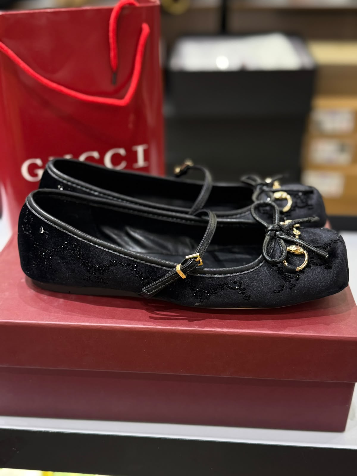G-U-C-C-I Women's Horsebit Velvet Ballet Pumps – Sequined GG Monogram | Mary Jane Flats | Luxury Women Footwear (Black)