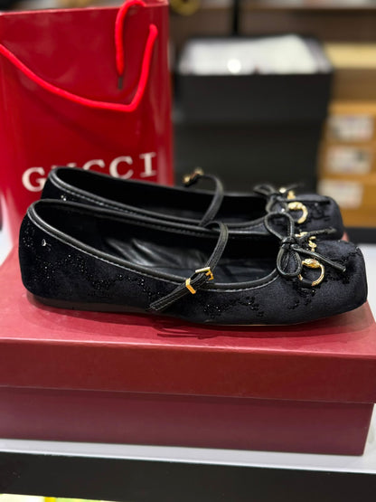 G-U-C-C-I Women's Horsebit Velvet Ballet Pumps – Sequined GG Monogram | Mary Jane Flats | Luxury Women Footwear (Black)