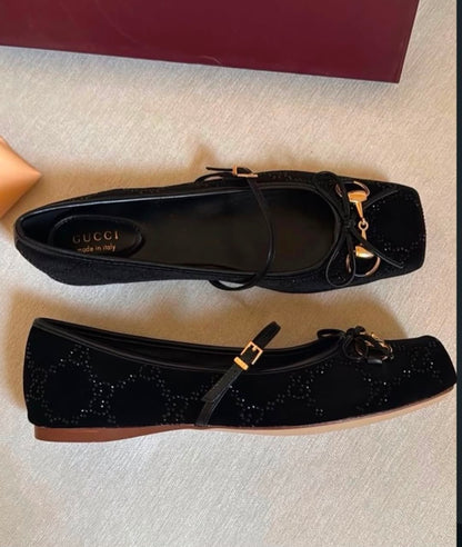 G-U-C-C-I Women's Horsebit Velvet Ballet Pumps – Sequined GG Monogram | Mary Jane Flats | Luxury Women Footwear (Black)