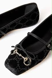 G-U-C-C-I Women's Horsebit Velvet Ballet Pumps – Sequined GG Monogram | Mary Jane Flats | Luxury Women Footwear (Black)