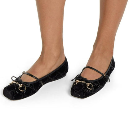 G-U-C-C-I Women's Horsebit Velvet Ballet Pumps – Sequined GG Monogram | Mary Jane Flats | Luxury Women Footwear (Black)
