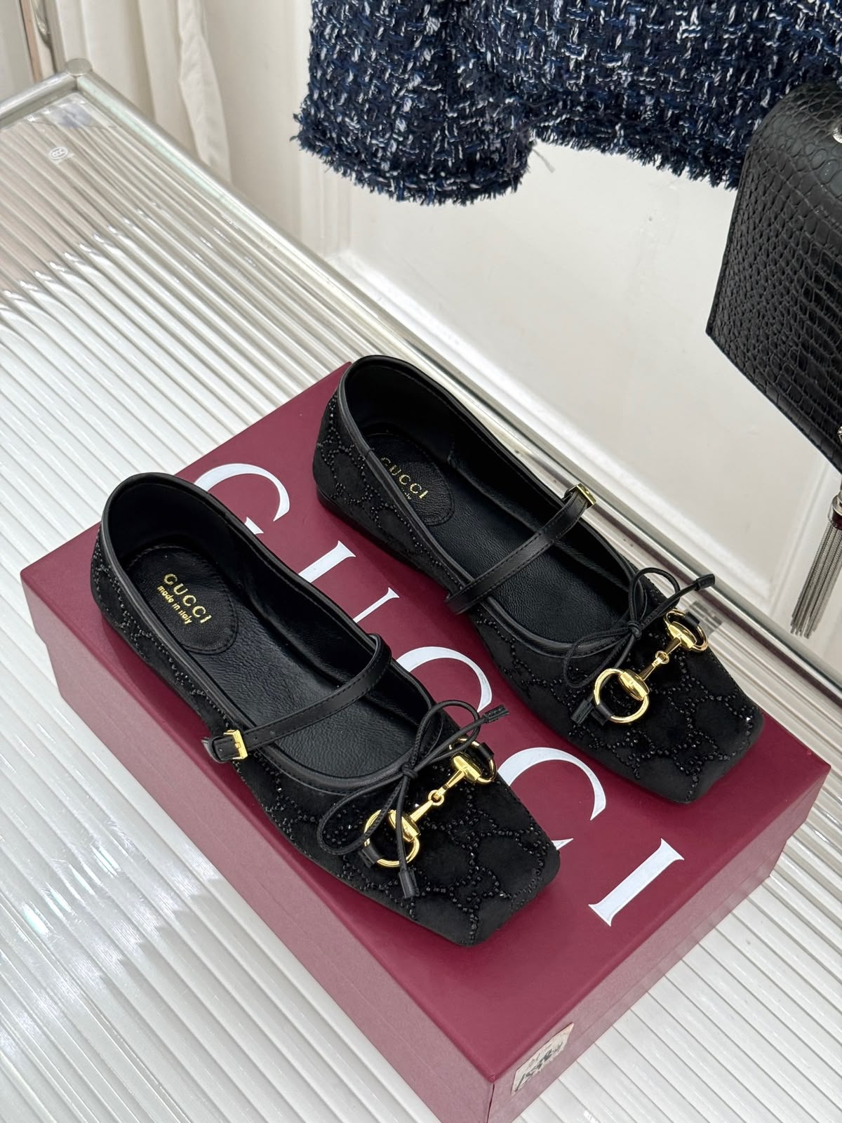 G-U-C-C-I Women's Horsebit Velvet Ballet Pumps – Sequined GG Monogram | Mary Jane Flats | Luxury Women Footwear (Black)
