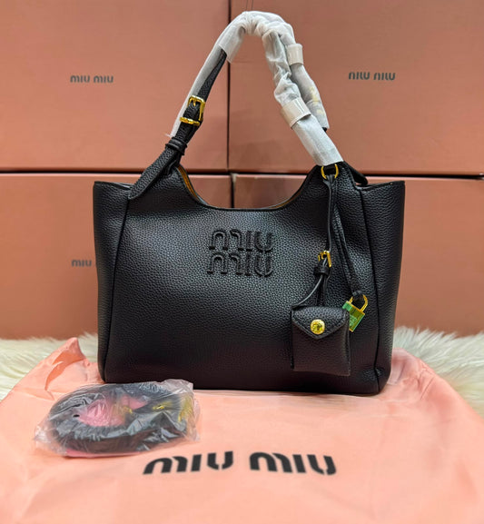 M-I-U M-I-U Leather Bag – Calfskin Travertine/Periwinkle | Gold-Tone Hardware (Black)