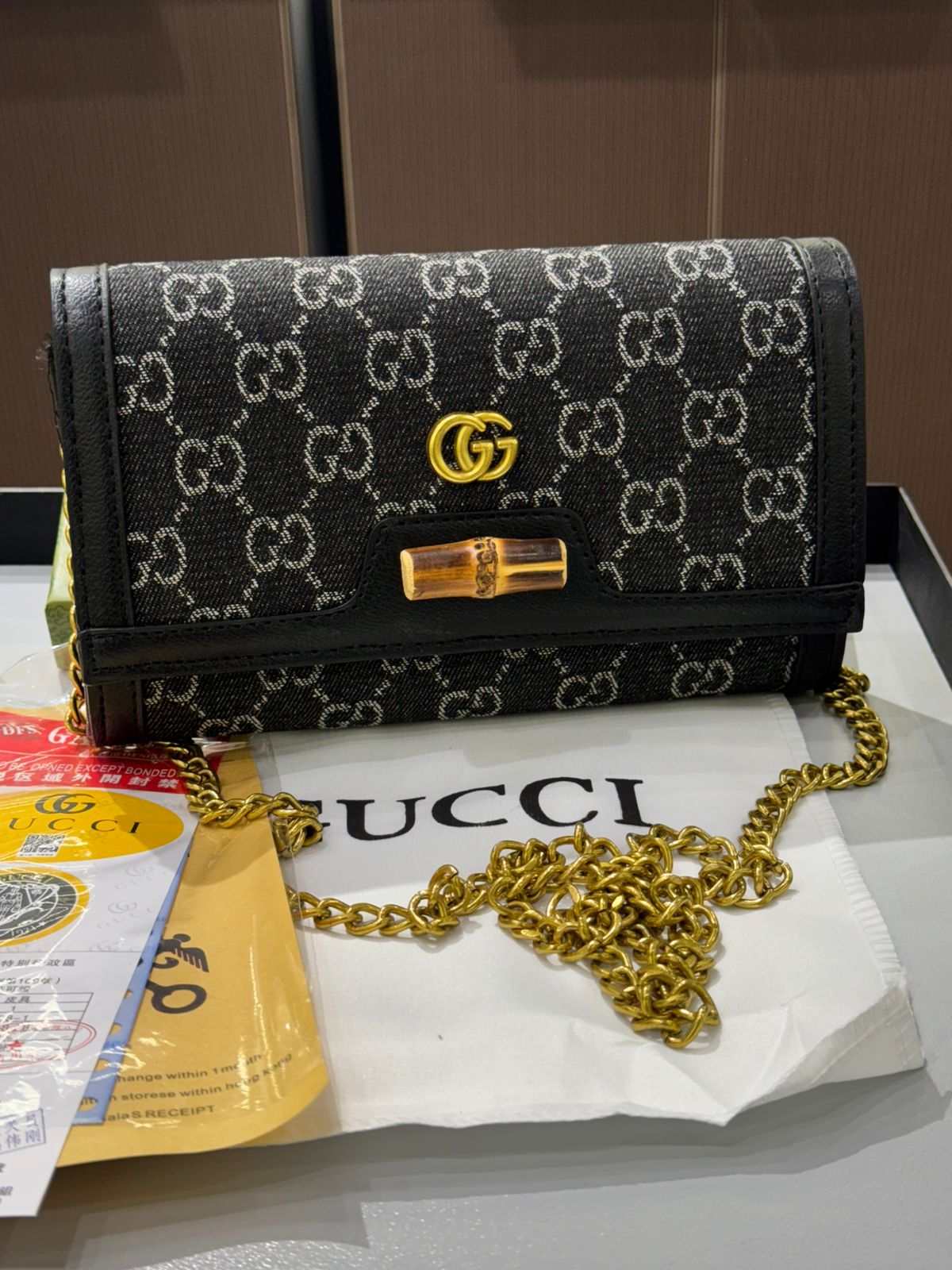G-U-C-C-I DIANA BAMBOO GG ON CHAIN DENIM – Women Bag (Black)