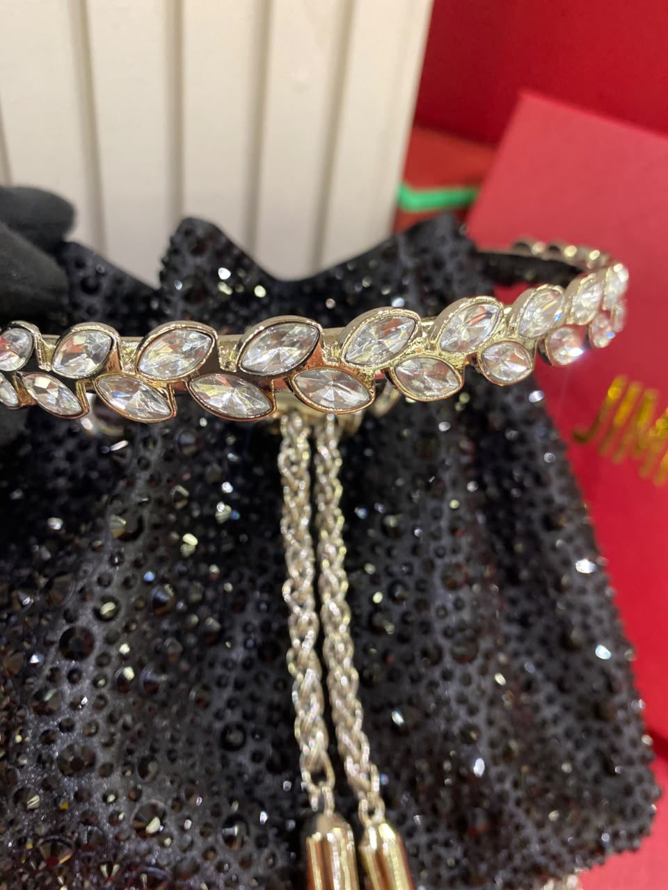 J-I-M-M-Y C-H-O-O Bon Bon Deep Merlot Satin & Crystal Hotfix Bucket Bag (Black)