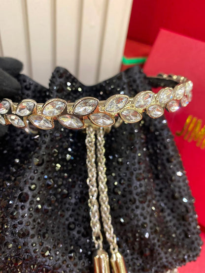 J-I-M-M-Y C-H-O-O Bon Bon Deep Merlot Satin & Crystal Hotfix Bucket Bag (Black)