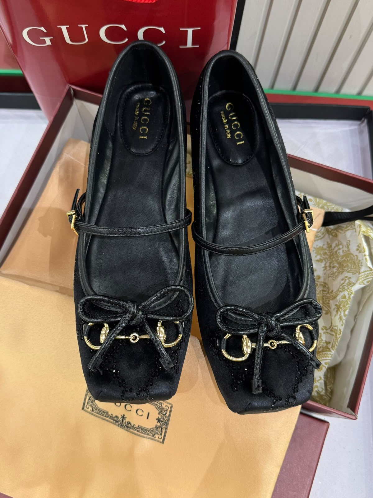 G-U-C-C-I Women's Horsebit Velvet Ballet Pumps – Sequined GG Monogram | Mary Jane Flats | Luxury Women Footwear (Black)