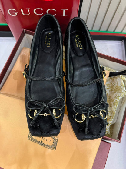 G-U-C-C-I Women's Horsebit Velvet Ballet Pumps – Sequined GG Monogram | Mary Jane Flats | Luxury Women Footwear (Black)