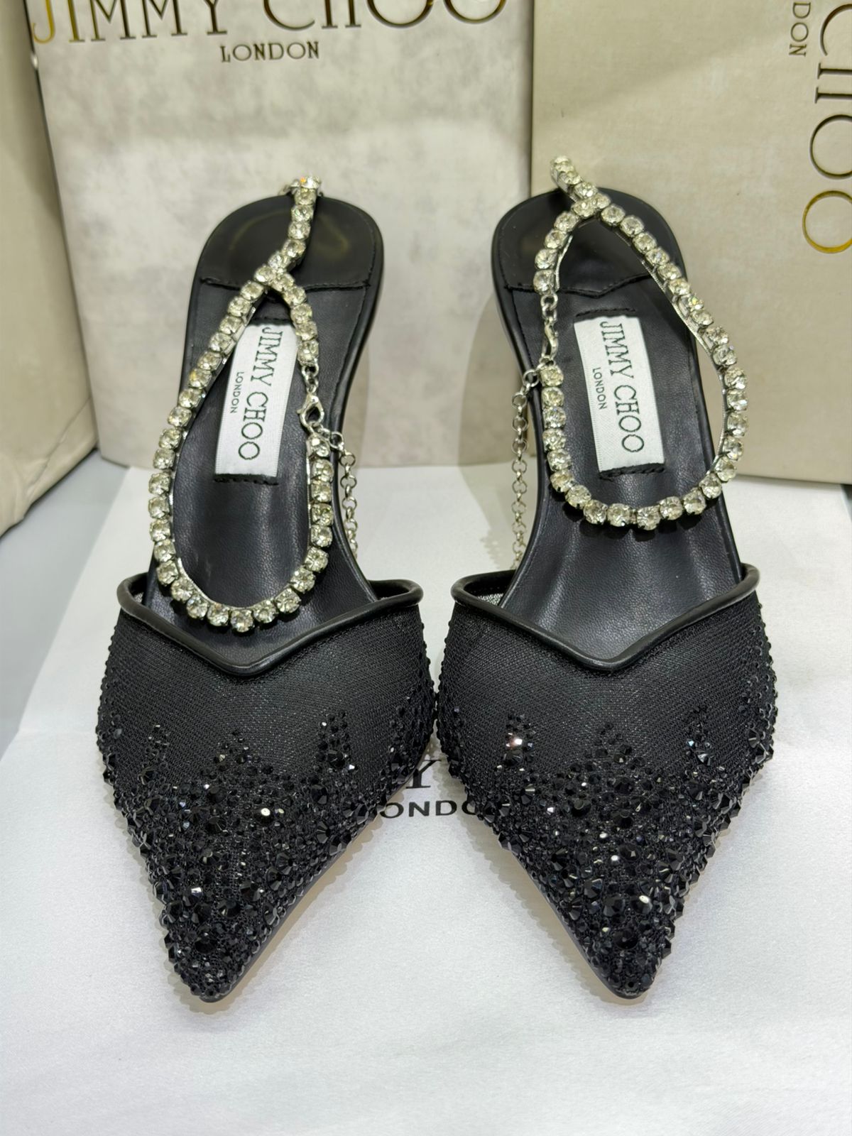 J-I-M-M-Y C-H-O-O Saeda 100 Crystal Mesh Pumps – Crystal Anklet Strap | 3.3" Heel | Luxury Women Footwear (Black)