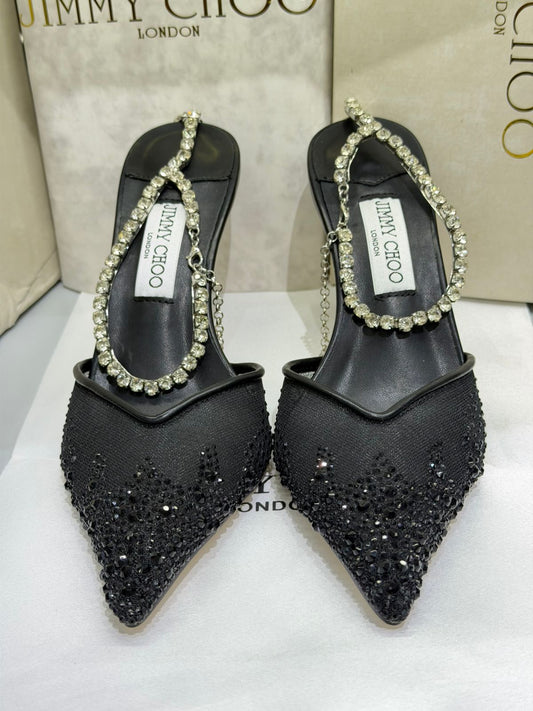 J-I-M-M-Y C-H-O-O Saeda 100 Crystal Mesh Pumps – Crystal Anklet Strap | 3.3" Heel | Luxury Women Footwear (Black)