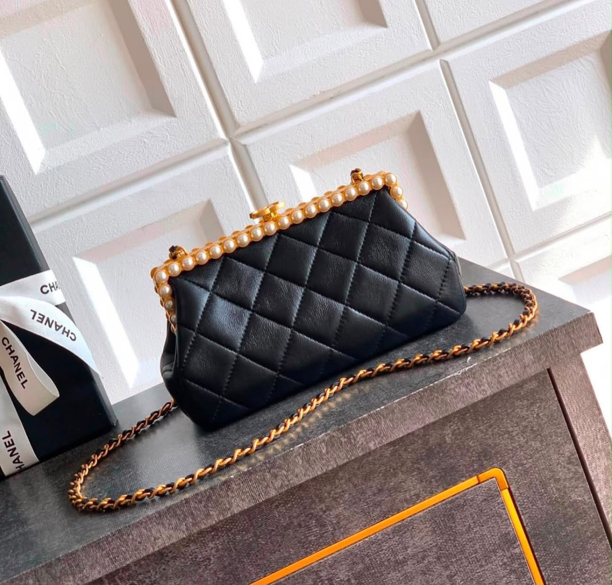 C-H-A-N-E-L Clutch in Pearly Lambskin – Quilted Luxury Women Bag (Black)