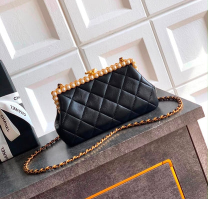 C-H-A-N-E-L Clutch in Pearly Lambskin – Quilted Luxury Women Bag (Black)