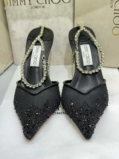 JIMMY CHOO SAEDA 100 CRYSTAL MESH PUMPS – Women Heels (Black)