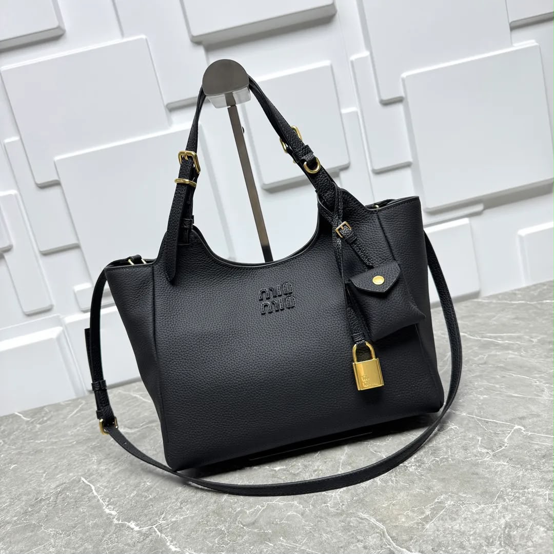 M-I-U M-I-U Leather Bag – Calfskin Travertine/Periwinkle | Gold-Tone Hardware (Black)