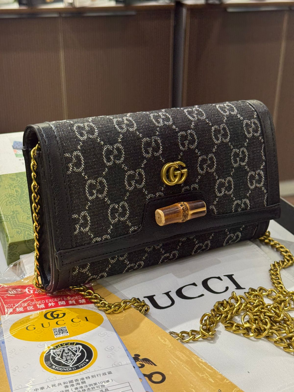 G-U-C-C-I DIANA BAMBOO GG ON CHAIN DENIM – Women Bag (Black)