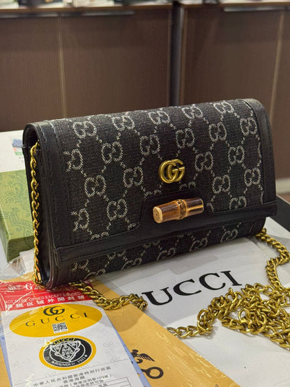 G-U-C-C-I DIANA BAMBOO GG ON CHAIN DENIM – Women Bag (Black)