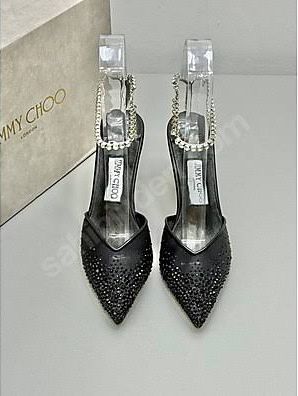 J-I-M-M-Y C-H-O-O Saeda 100 Crystal Mesh Pumps – Crystal Anklet Strap | 3.3" Heel | Luxury Women Footwear (Black)
