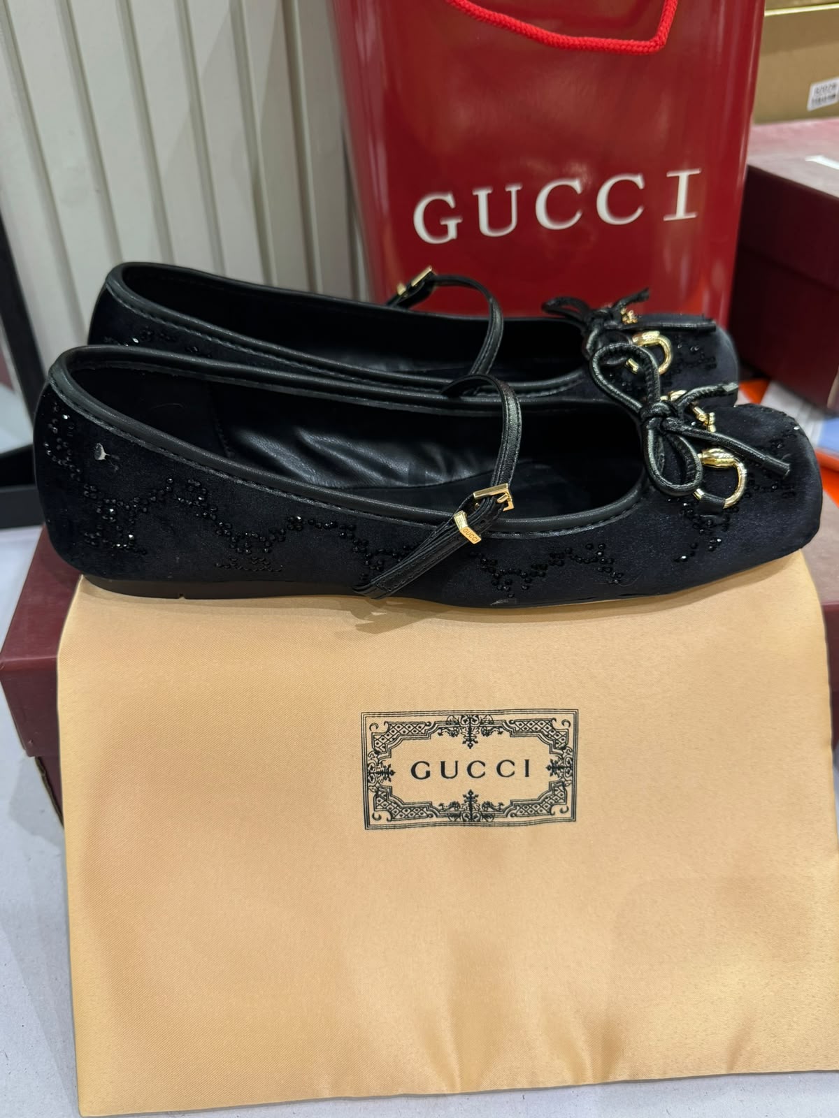 G-U-C-C-I Women's Horsebit Velvet Ballet Pumps – Sequined GG Monogram | Mary Jane Flats | Luxury Women Footwear (Black)