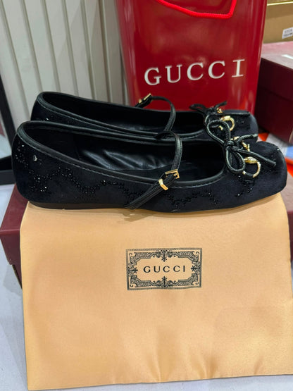 G-U-C-C-I Women's Horsebit Velvet Ballet Pumps – Sequined GG Monogram | Mary Jane Flats | Luxury Women Footwear (Black)