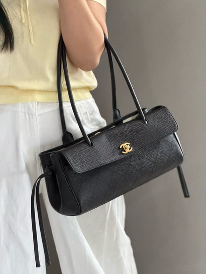 C-H-A-N-E-L Grained Calfskin Stitched Urban Essentials Shopping Bag | Gold Hardware | Luxury Women Bag (Black)