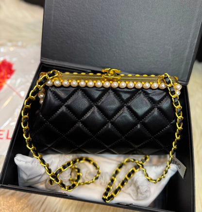 C-H-A-N-E-L Clutch in Pearly Lambskin – Quilted Luxury Women Bag (Black)
