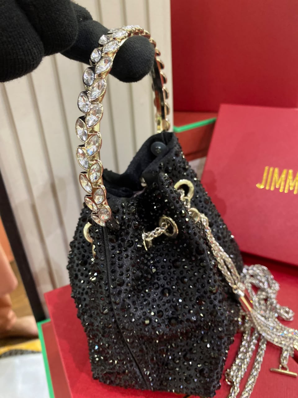 J-I-M-M-Y C-H-O-O Bon Bon Deep Merlot Satin & Crystal Hotfix Bucket Bag (Black)