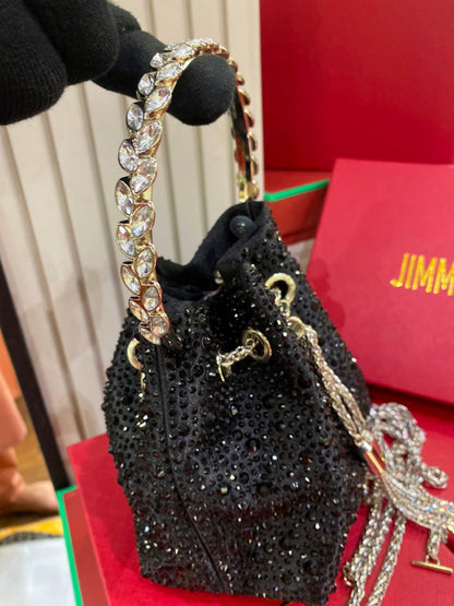 J-I-M-M-Y C-H-O-O Bon Bon Deep Merlot Satin & Crystal Hotfix Bucket Bag (Black)