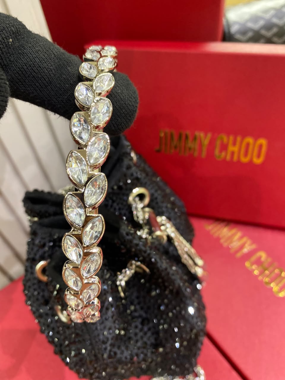 J-I-M-M-Y C-H-O-O Bon Bon Deep Merlot Satin & Crystal Hotfix Bucket Bag (Black)