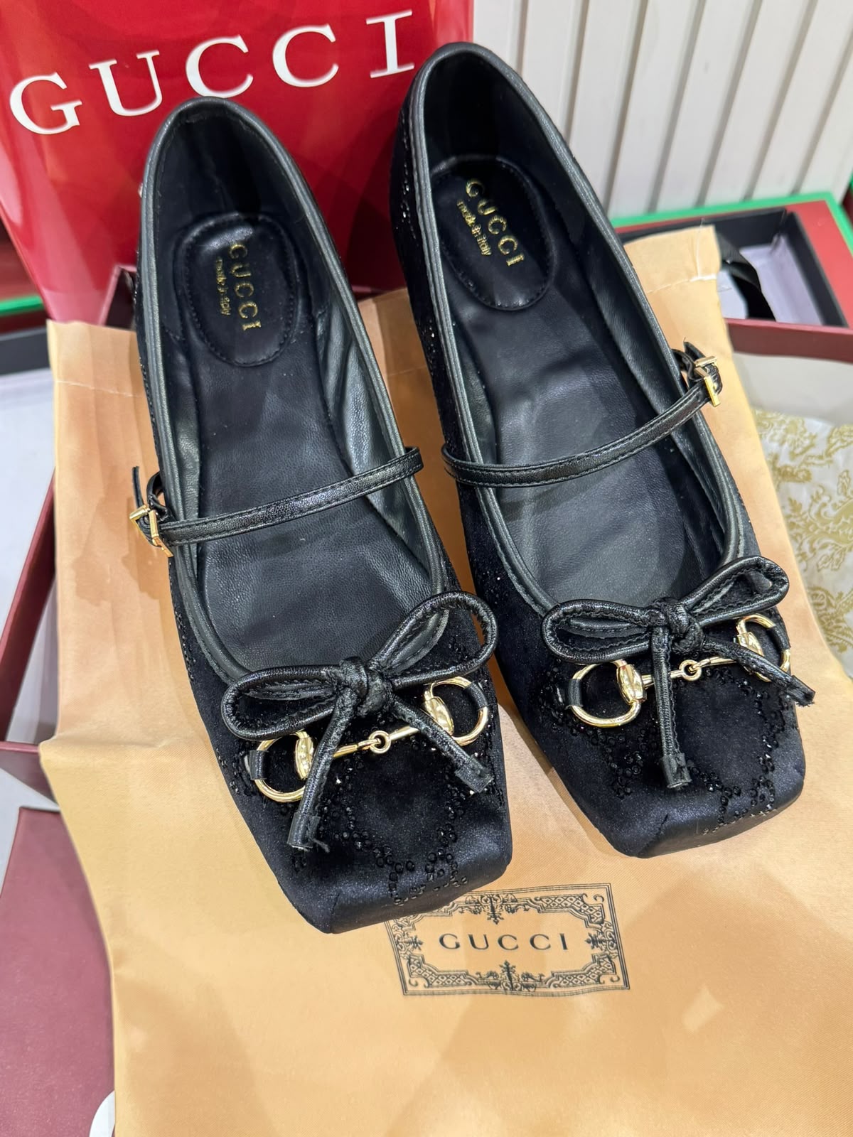 G-U-C-C-I Women's Horsebit Velvet Ballet Pumps – Sequined GG Monogram | Mary Jane Flats | Luxury Women Footwear (Black)