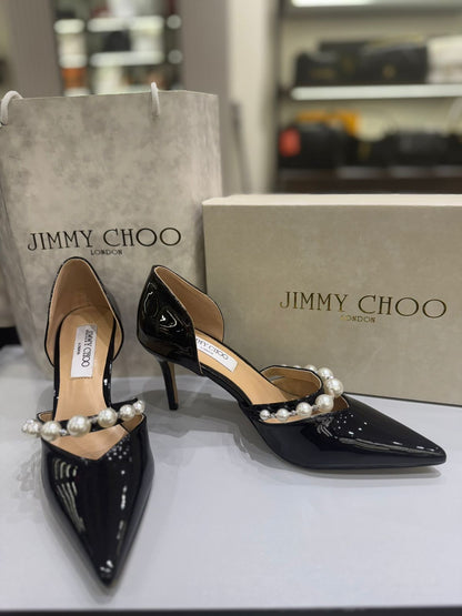 JIMMY CHOO Aurelie 85 Pearl-Embellished Heel Pumps – Premium Women Heel Pumps (Black Design A)