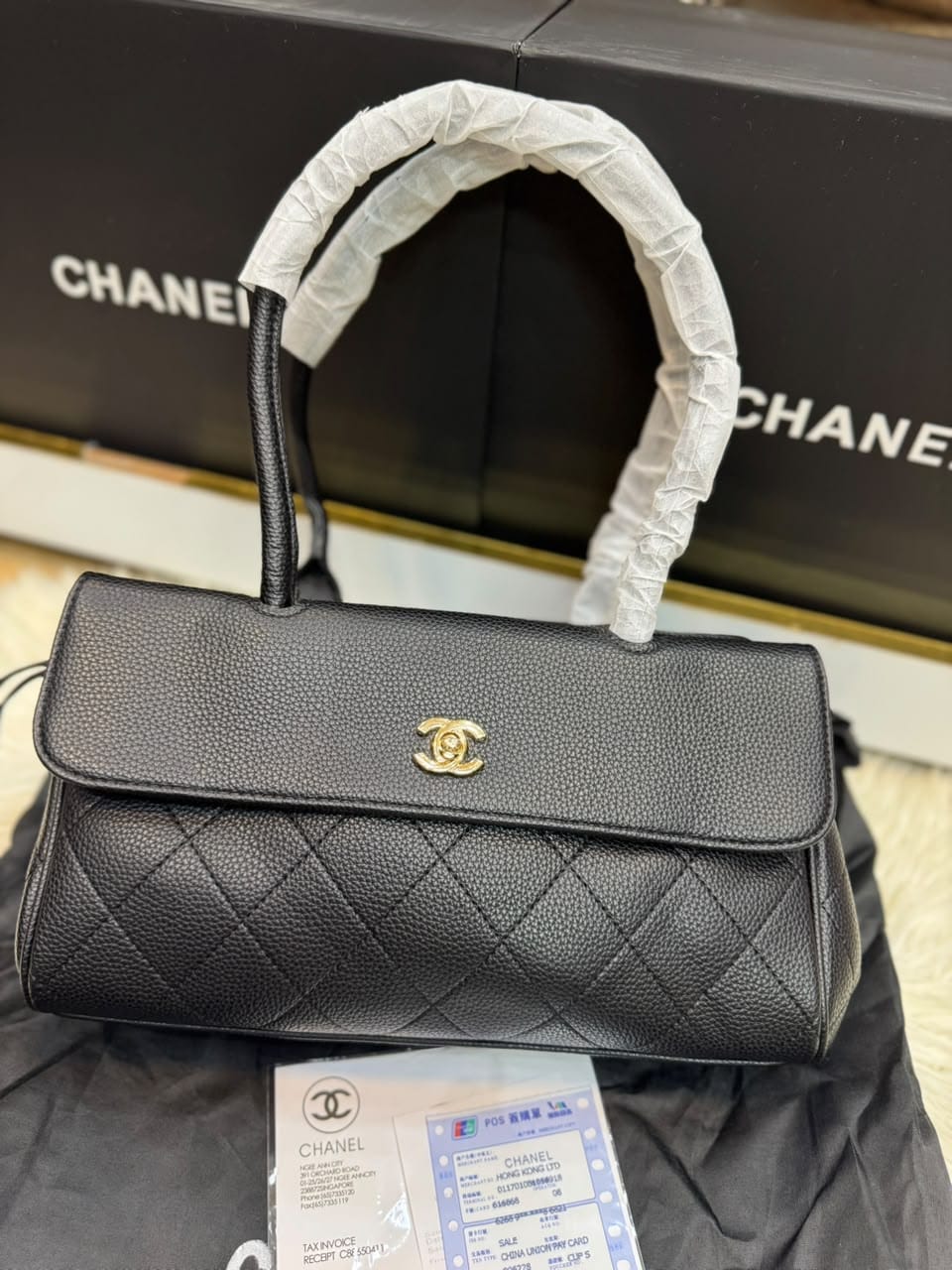 C-H-A-N-E-L Grained Calfskin Stitched Urban Essentials Shopping Bag | Gold Hardware | Luxury Women Bag (Black)