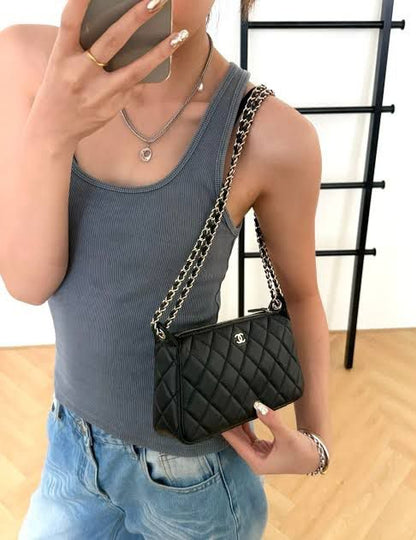 C-H-A-N-E-L 25A Double Chain Bag – Caviar Leather Women Shoulder Bag with GHW (Black)