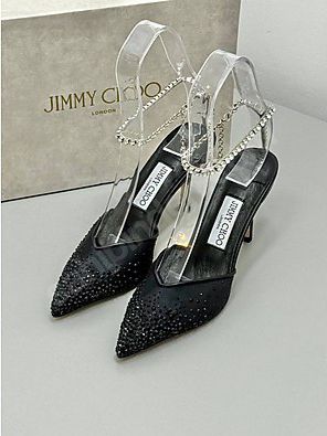 J-I-M-M-Y C-H-O-O Saeda 100 Crystal Mesh Pumps – Crystal Anklet Strap | 3.3" Heel | Luxury Women Footwear (Black)