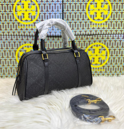 T-O-R-Y B-U-R-C-H T Monogram Petite Barrel Bag – Women Mini Crossbody Bag (Black)