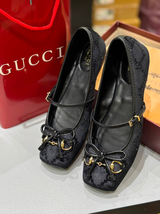 G-U-C-C-I Women's Horsebit Velvet Ballet Pumps – Sequined GG Monogram | Mary Jane Flats | Luxury Women Footwear (Black)