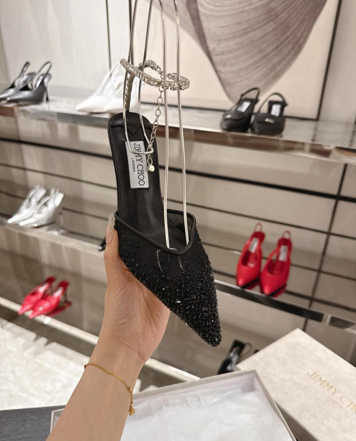 J-I-M-M-Y C-H-O-O Saeda 100 Crystal Mesh Pumps – Crystal Anklet Strap | 3.3" Heel | Luxury Women Footwear (Black)