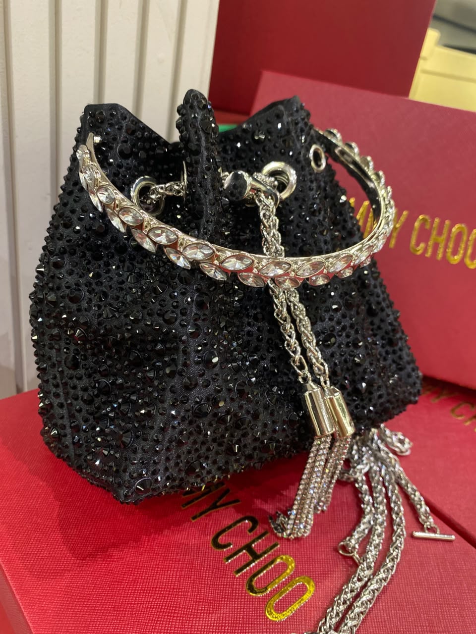 J-I-M-M-Y C-H-O-O Bon Bon Deep Merlot Satin & Crystal Hotfix Bucket Bag (Black)