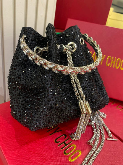 J-I-M-M-Y C-H-O-O Bon Bon Deep Merlot Satin & Crystal Hotfix Bucket Bag (Black)