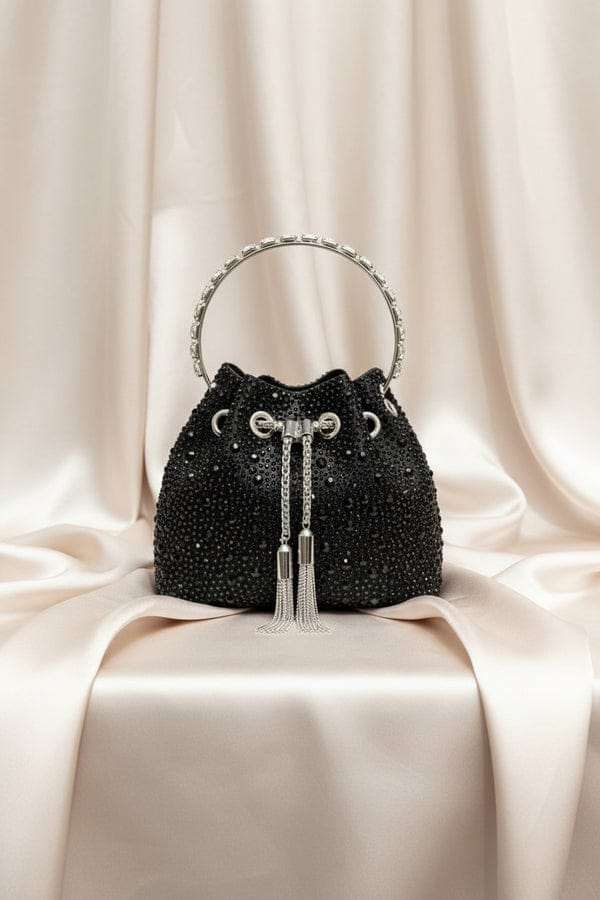 J-I-M-M-Y C-H-O-O Bon Bon Deep Merlot Satin & Crystal Hotfix Bucket Bag (Black)