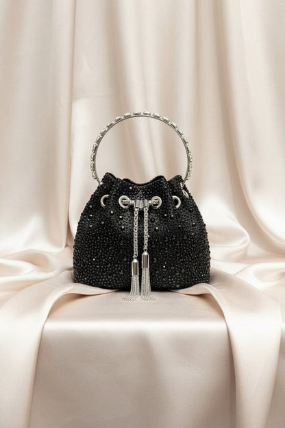 J-I-M-M-Y C-H-O-O Bon Bon Deep Merlot Satin & Crystal Hotfix Bucket Bag (Black)