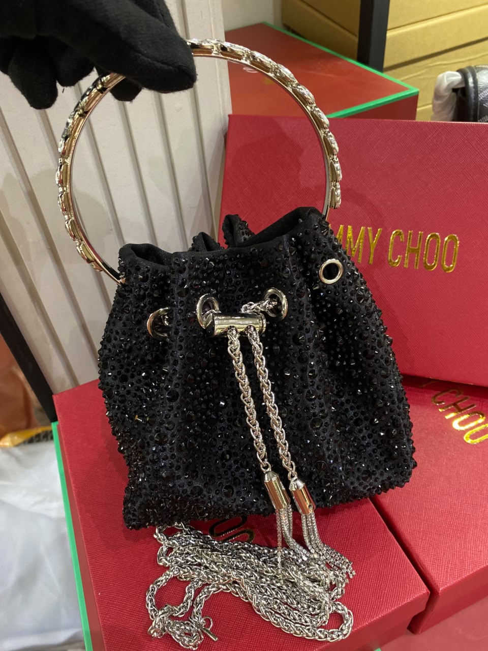 J-I-M-M-Y C-H-O-O Bon Bon Deep Merlot Satin & Crystal Hotfix Bucket Bag (Black)