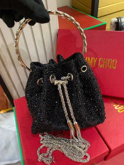 J-I-M-M-Y C-H-O-O Bon Bon Deep Merlot Satin & Crystal Hotfix Bucket Bag (Black)