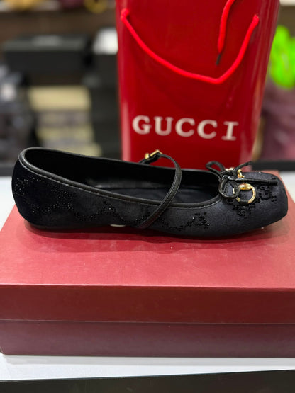 G-U-C-C-I Women's Horsebit Velvet Ballet Pumps – Sequined GG Monogram | Mary Jane Flats | Luxury Women Footwear (Black)