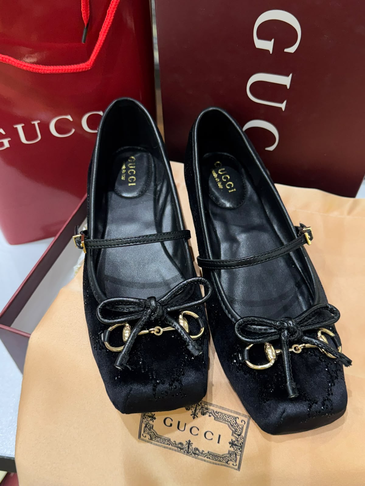 G-U-C-C-I Women's Horsebit Velvet Ballet Pumps – Sequined GG Monogram | Mary Jane Flats | Luxury Women Footwear (Black)