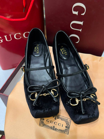 G-U-C-C-I Women's Horsebit Velvet Ballet Pumps – Sequined GG Monogram | Mary Jane Flats | Luxury Women Footwear (Black)
