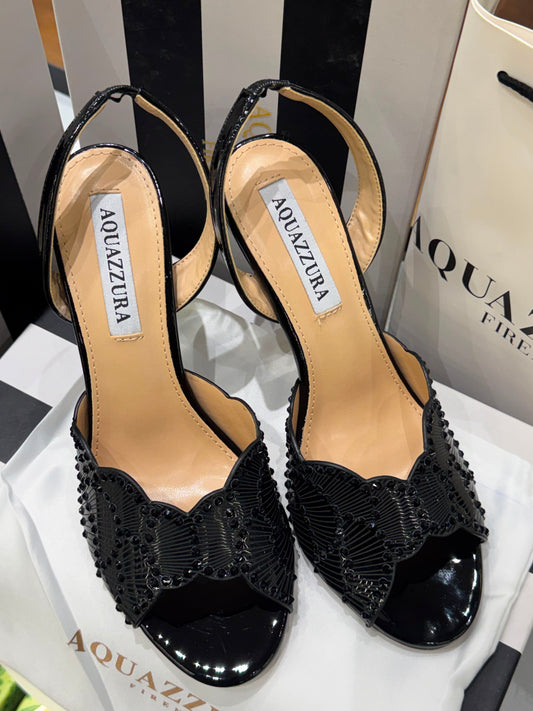 A-Q-U-A-Z-Z-U-R-A Zaura Sling Back Embellished Sandals – Premium Nappa Leather | Luxury Women Footwear (Black)