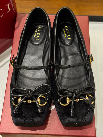 G-U-C-C-I Women's Horsebit Velvet Ballet Pumps – Sequined GG Monogram | Mary Jane Flats | Luxury Women Footwear (Black)