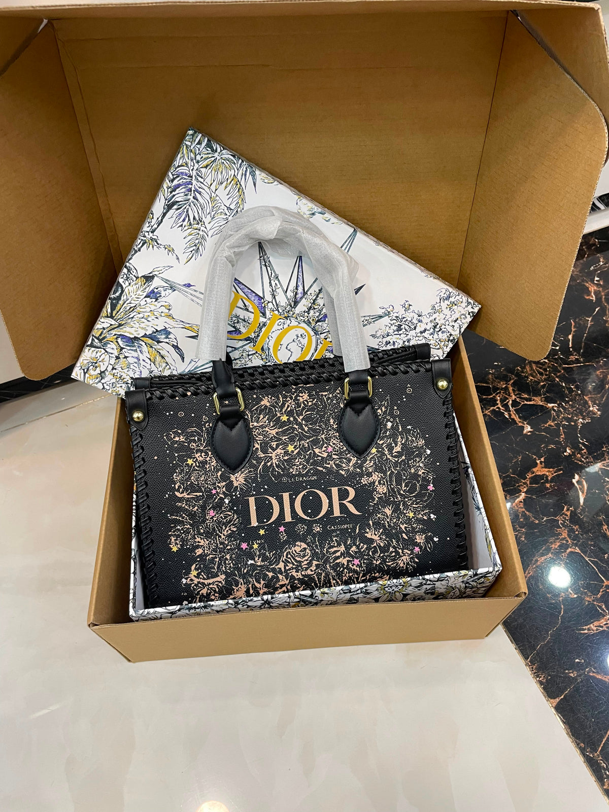 C-H-R-I-S-T-I-A-N D-I-O-R Structured Tote Bag – Premium Quality | Double Box Packaging | Black with Beige Design
